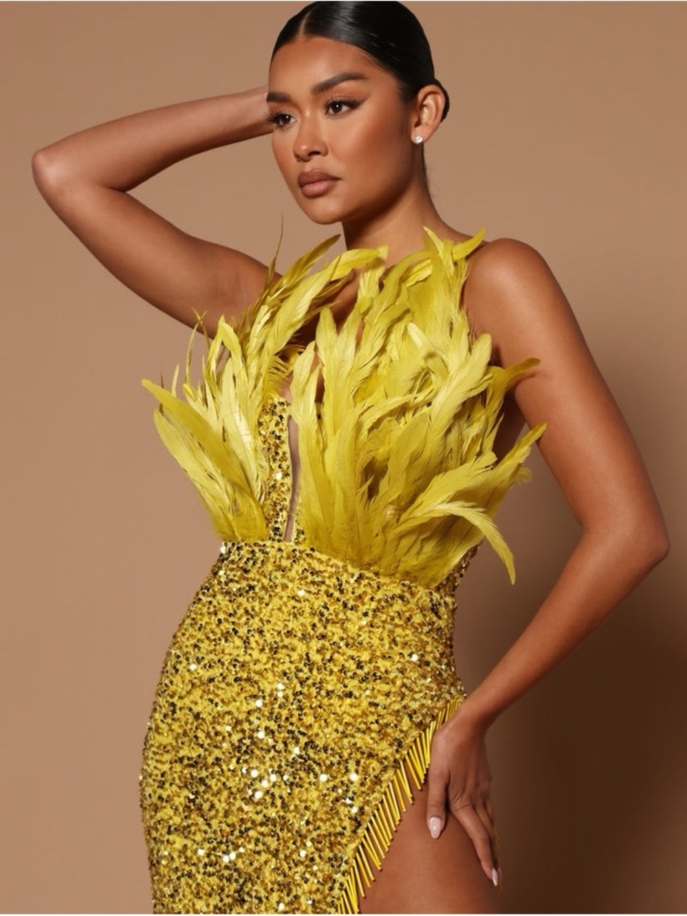 Fashion Nova Yellow Feathered Sequin Mini Dress